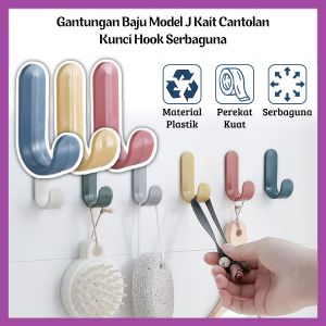 Gantungan Baju Model J Hook Tempel Dinding Kamar Mandi/Wall Hanger/Kait Cantolan Kunci Tas Handuk Peralatan Dapur/Perekat Super Kuat Serbaguna - FR GALLERY