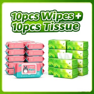 【Buy 10 Take 10】 Combo 10 Wet Wipes +10 Facial TissueSoft Non-Irritating Pocket Hygiene Set For Family
