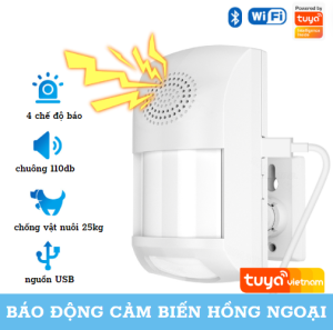 Cảm biến báo động hồng ngoại wifi tuya có còi chống trộm chống báo động vật nuôi 25kg điều khiển qua app tuya