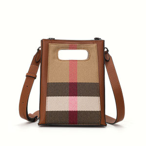 Aidrani   Fashionable womens checkered bag made of canvas and cowhide materials caramel color mini hand-held crossbody bag