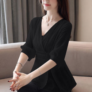 HerStore Women New Fashion Women Blouses Summer V-neck Short Sleeve Shirt Women Peplum Tops Elegant High Waist Chiffon Blouse