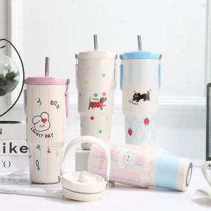 GAOSU 900ML Cốc cách nhiệt bằng rơm Thép không gỉ Cách nhiệt Chai nước hoạt hình có ống hút Dung lượng lớn Tay cầm di động Cốc Ton Rơm Cô gái