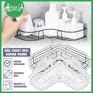 Rak Gantung Sudut Besi Kamar Mandi Model L / Bathroom Iron Corner Shelf / Tempat Penyimpanan Bumbu Dapur Saos Kecap Gula Garam Handuk Sabun Shampoo Sikat Gigi Peralatan Mandi / Rack Keranjang Tempel Dinding Keramik Tanpa Mur Baut Multifungsi - HOMIA