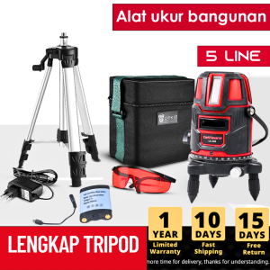 READY TAFFWARE Laser Level 4D 5 Line komplit lengkap baterai + tripod tukang bangunan Leveling merah