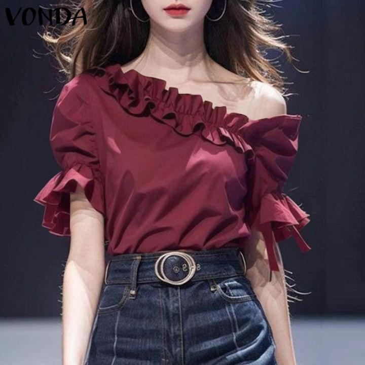 VONDA Women's Girly Style Fashion Off Shoulder Top Ruffle Puff Sleeve ...