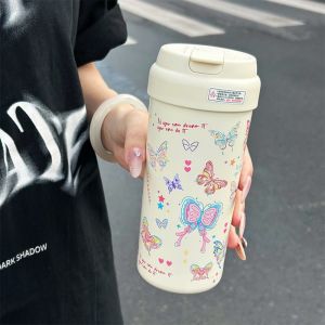CREATIVE PAVILION Butterfly Flask Tumbler with Tea Strainer Stainless Steel Vacuum Insulateds Cup Kawaii 550ML Water Cup