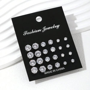 12 Pairs Shiny Zircon Stud Earrings Set for Women Men Daily Versatile Chic Silver Color Crystal Ear Jewelry Accessories