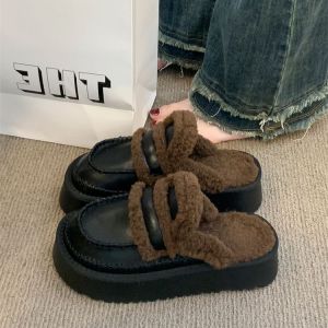 Free Shipping Thick-Soled Cotton Slippers For Women Outdoor Wear Fluffy Slippers 2026 New Spring And Summer Style Fleece-Lined Snow Boots Closed-Toe Half Slippers