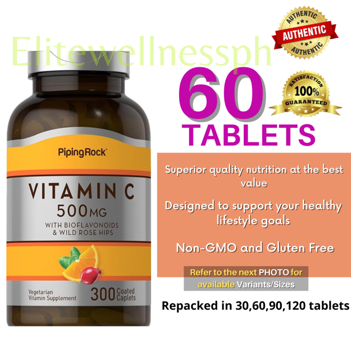 60 Tablets- Piping Rock Vitamin C 500mg with Bioflavonoids & Wild Rose Hips AUTHENTIC