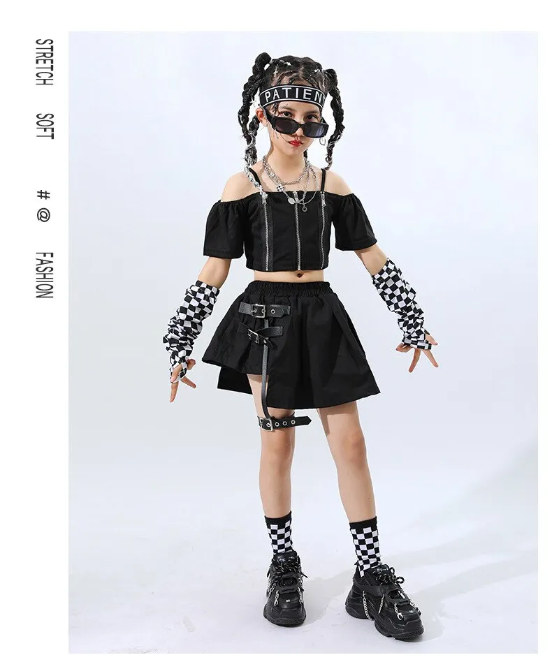 Teen Girls Clothes Jazz Modern Dance Costume Black Kpop Outfit