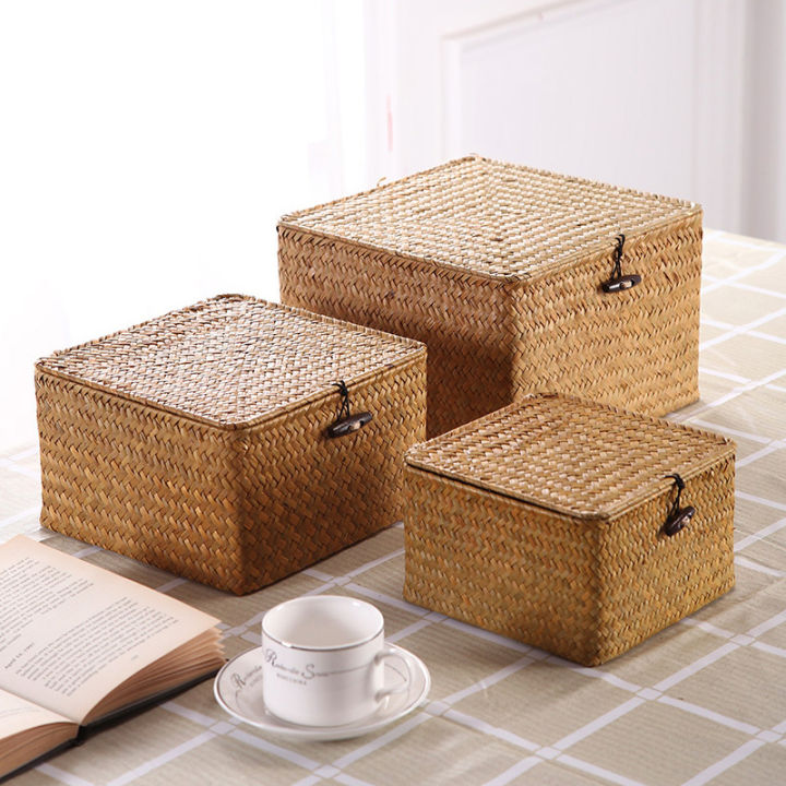 Straw rattan storage basket with lid square wicker storage box Tea