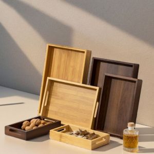 YESMILE Rectangular Bamboo Wooden Tray With Handle Walnut Color Serving Tray Decorate Tray Food Storage Trays Home