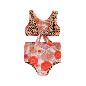 【COD&Local】Girls Summer 2Pcs Swimwear Sets Sleeveless Backless Knotted Vest + Leopard/Floral Print Bottom