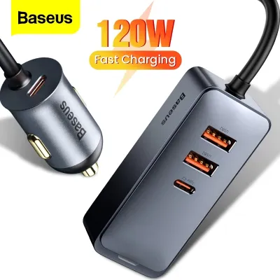 Baseus 120W Car Charger Quick Charger QC 3.0 PD 3.0 Type-C USB Portable Phone Charger with 1.5m Extension Cord
