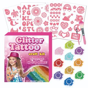 Glitter Tattoo Kids Craft Kit - 71 Reusable Stencils + 10 Color Eco-Glitter No Glue Needed Waterproof 6-8 Hours Safe Non-Toxic Face Painting for Childrens Parties（Includes 2 Professional Brushes）
