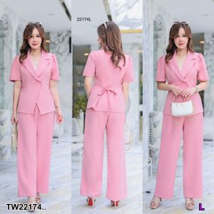 TW22174 Set #สาวอวบ 2 ชิ้น เสื้อคอปกเทเลอร์ + กางเกงขายาว ..