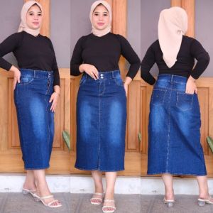 Rok Span Jeans Jumbo Tebal Stretch Prilla Skirt Rok Denim Kancing Midi Model Terbaru