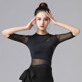 Black Latin Dance Short-sleeve Shirt Sexy Mesh Tops Women Professional Practice Clothes Female Ballroom Modern Dance Costumes. 