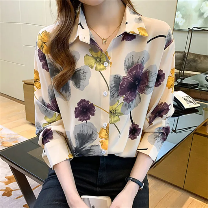 Vintage Shirt Women Long Sleeve Chiffon Floral Blouse Plus Size Casual Top Woman Shirts Lazada PH