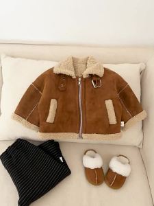 Baby girls stylish fur-lined coat winter thickened lamb wool jacket motorcycle style coat for infants
