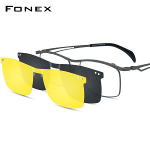 FONEX Titanium Glasses Frame Men Brand Design Ultralight Japanese Square Eyewear Clip on Flip-up Optical Eyeglasses with Polarized & Night Vision Lens 85759