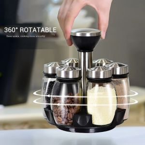 Set Botol Rempah Berputar Spice Jar Set Rack Glass Peper Sprays Bottles Rotating Seasoning Sugar Pepper Salt旋转底座调料瓶7件套