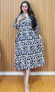 Kyla Dress Motif Bunga Busui Kancing Depan Lengan 7/8 Karet Rayon Premium Claressa Collection