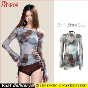 3in1 Bikini Set Fashion Swimwear with Sun-proof Cover-Up Brown Separated Swimsuit Halter Neck Top Summer Vacation Women Students Conservative Bathing Suit