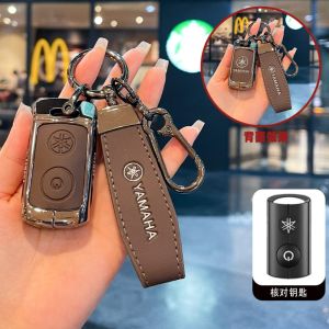 Zinc Alloy Cowhide Leather Motorcycle Key Fob Cover Case Chain for Yamaha NMAX XMAX TMAX Aerox Mio NVX Janus QBIX 125 155 250 300 400 Smart Remote Shell Holder Buttons Protector Keychain