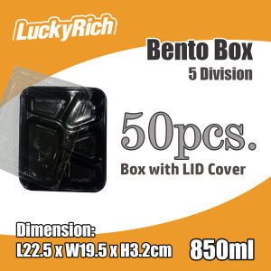 LuckyRich - Bento Box 850ml 5div 50pcs Plastic Food Container with lid cover