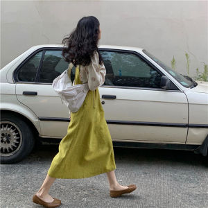 2026 Early Autumn New Lemon Yellow-Green Pinafore Dress for Women Linen Cotton Soft Fabric Loose Casual Versatile Dress