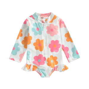 [Local Delivery] Kids Baby Girl Swimsuits Summer Floral Long Sleeve Zipper Ruffles Jumpsuit Swimwear Beachwear Bathing Suits