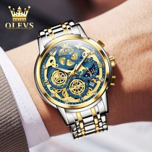 OLEVS jam tangan pria otomatis dewasa 2024 tahan air bercahaya multifungsi berlian dial stainless steel jam tangan cowok original asli