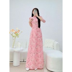 Áo dài truyền thống TAY BỒNG cổ cao hoa nhí lụa tằm ép 4tà trẻ trung chụp hình đẹp hàng may sẵn