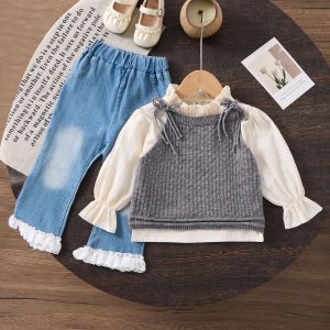 XBABY CLOTHES Setelan Lengan Panjang Sweater Korea 3in1 Anak Perempuan Celana Panjang Katun Nyaman + Jeans Usia 1-4 Tahun