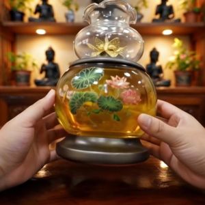 Đèn Dầu Bàn Thờ Thủy Tinh Hoa Sen Vàng/Trong Suốt Đèn Thờ Cúng Gia Tiên Thần Tài Thổ Địa ( Đèn 050)