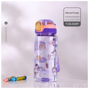 OURUNZHE ขวดน้ำเด็กการ์ตูนน่ารักพร้อมฝาเปิดปุ๊บปิดปั๊บและหลอดดูด ขวดดื่มน้ำพกพาสำหรับโรงเรียนและใช้งานกลางแจ้ง