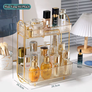 Kệ Đựng Mỹ Phẩm Đồ Trang Điểm 2 Tầng Cao Cấp Có Khung Viền Mạ Vàng Phong Cách Châu Âu Đẹp Và Sang Trọng