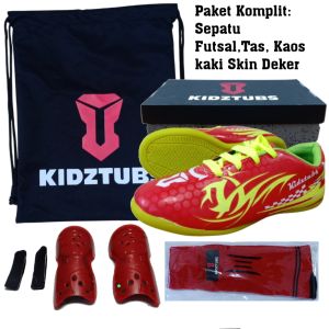 KIDZTUBS Sepatu Futsal Anak Paket Komplit Sepatu Futsal Tas Skin Deker Kaos Kaki Usia 6-10 Tahun Size 28 29 30 31 32 33 34 35 36 37 KDZ1110122624