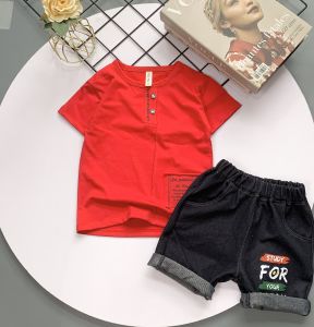 Set đồ bộ bé trai Áo thun cotton trụ giả Quần thun cotton giả jean cho bé từ 10-38kg