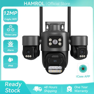 Hamrol 12MP Three Lens Three Screen Humanoid Recognition AI Alarm PTZ WIFI IP Camera Waterproof CCTV