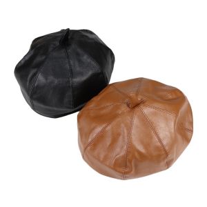 FUNG MALL Phong cách Anh Quốc Mũ beret bằng da PU Màu đơn sắc Mũ lưỡi trai báo chí Mũ họa sĩ Retro Mũ nghệ sĩ Mũ hình bát giác Phụ nữ