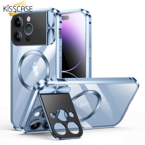 KISSCASE Bracket Case For iPhone15ProMax Strong Magsafe With Lens Protect Large Window Camera Invisible Foldable Flip Holder Stand Double Buckle Aluminium Alloy Frame PC Hard Clear Back Cover For Apple15 Pro Max 14 13