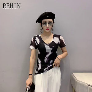 REHIN Áo Thun Nữ Ngắn Tay Họa Tiết Hoa Màu Đỏ Lưới Thời Trang Mùa Hè Áo Cánh Mỏng Cổ Chữ V Nhuộm Cà Vạt Thanh Lịch S-3XL