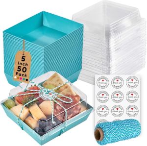 Leafiew 50 Pack Small Charcuterie Boxes with Clear Lids - To Go PaperCharcuterie Food Containers 5Inch Dessert Boxes - Sandwich Cookie Sushi Cake Slice Strawberries (Brown)
