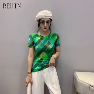 REHIN Womens top Fashion mesh print short-sleeved T-shirt round neck green slim and thin trend blouse