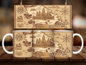 * 1 PC MUG WITH BOX * CAMBODIA VINTAGE MUG DESIGN 11oz with BOX SOUVINER MUG