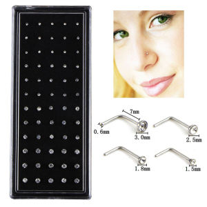Christmas gift 【AYLMER】 60PCS L Style Rhinestone Nose Ring Bone Stud Steel Jewelry