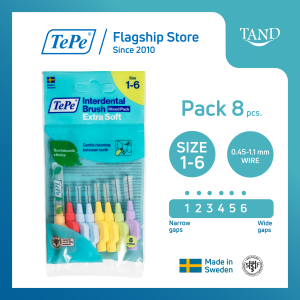 แปรงซอกฟัน เอ็กซ์ตร้าซอฟท์ ขนนุ่มพิเศษ ขนาดหัวแปรง 1-6 (ISO) (แพ็ค 8 ชิ้น) TePe® Interdental Brush X-Soft เทเป อินเตอร์เด็นทัล บรัช