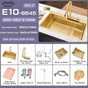 -SG LOCAL STOCK/48H DELIVERY-Gold Waterfall Kitchen Sink 304 Stainless Steel Single Basin Bowl Tank Pullout Faucet Tap